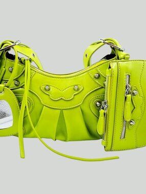 Small Bright Green Studded Leather Shoulder Bag Zipper Pouch Adjustable Strap